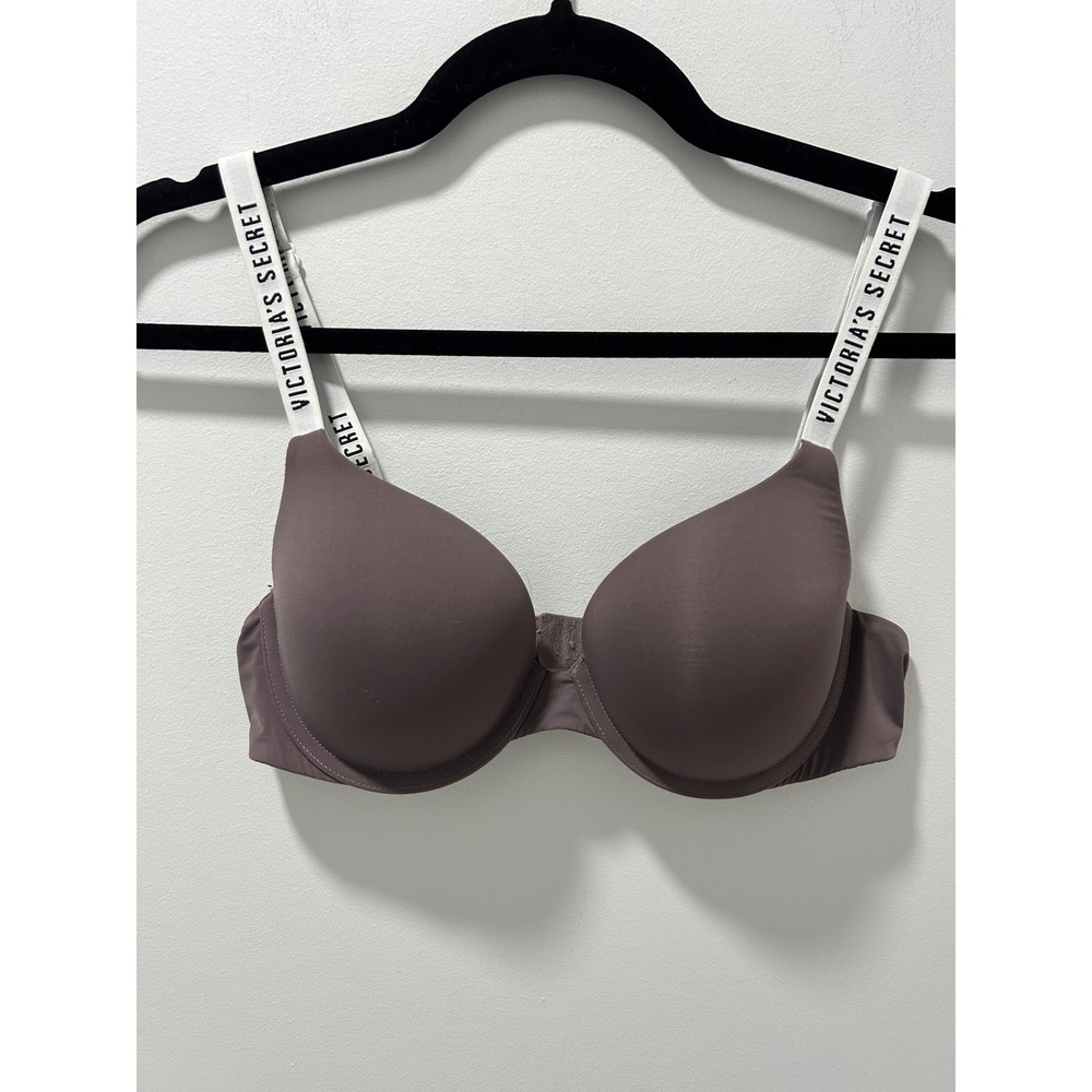 Victoria's Secret Logo Strap T-Shirt Bra Mauve Brown Underwire Padded 34B